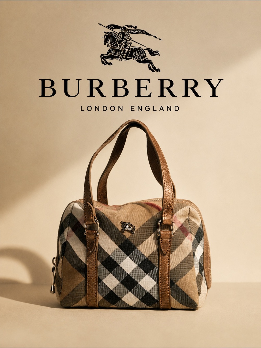 Burberry Vintage Nova Check Mini Bowling Bag Metallic Bronze Leather HTF!